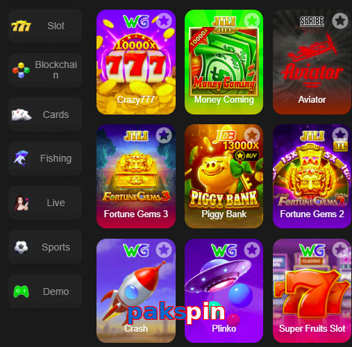 Main screen of Pakspin game page for PK players